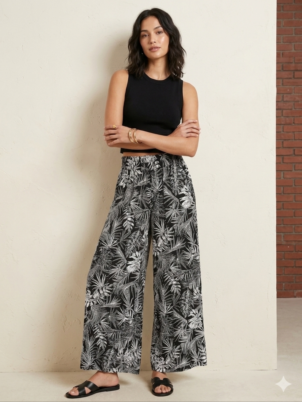 Wide Leg Tropical Print Pants - Black/White